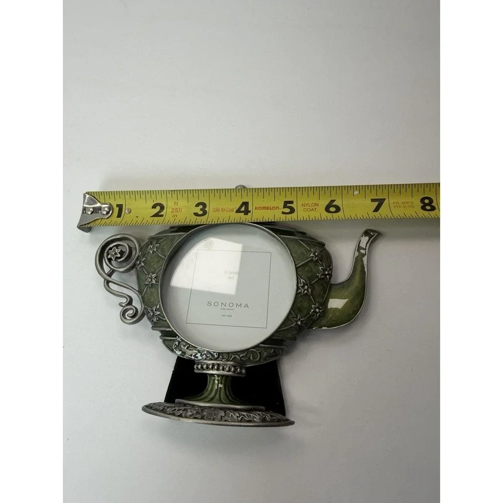 Decorative‎ Frame Teapot Genie Lamp Silver Tone Green Accent 3x3